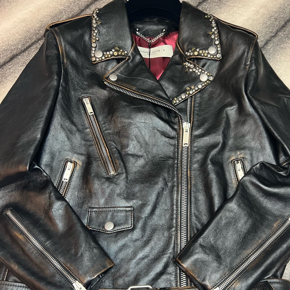 Golden Goose Chiodo Golden Distressed Studded Black Leather Moto Jacket